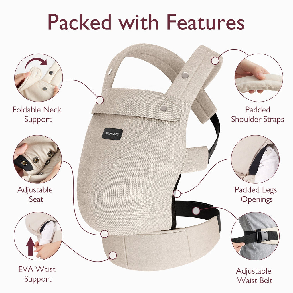 Momcozy PureHug carrier: Adjustable waist, padded straps, and foldable neck support for comfortable babywearing.